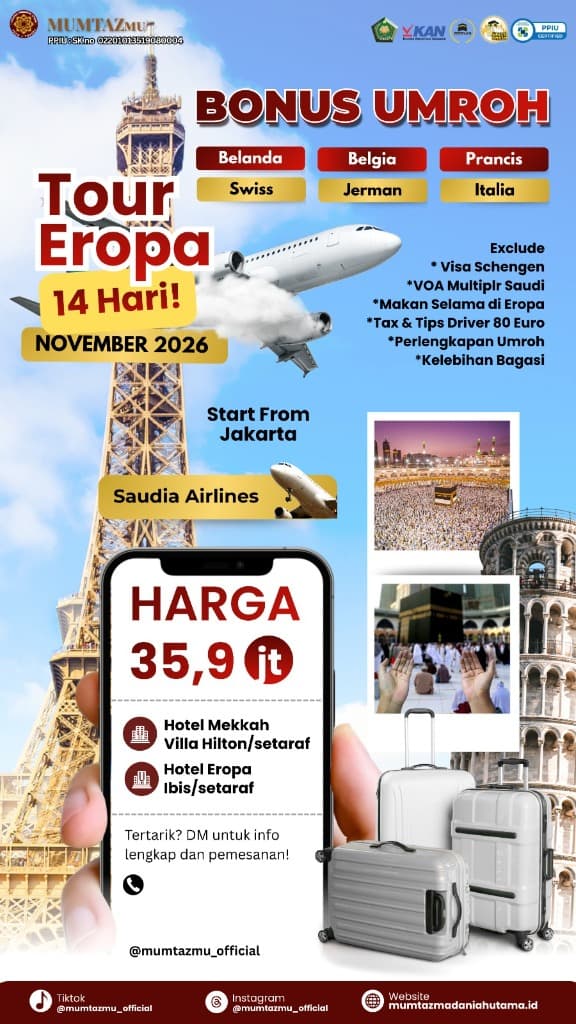 TOUR EROPA BARAT 13 HARI BONUS UMROH
