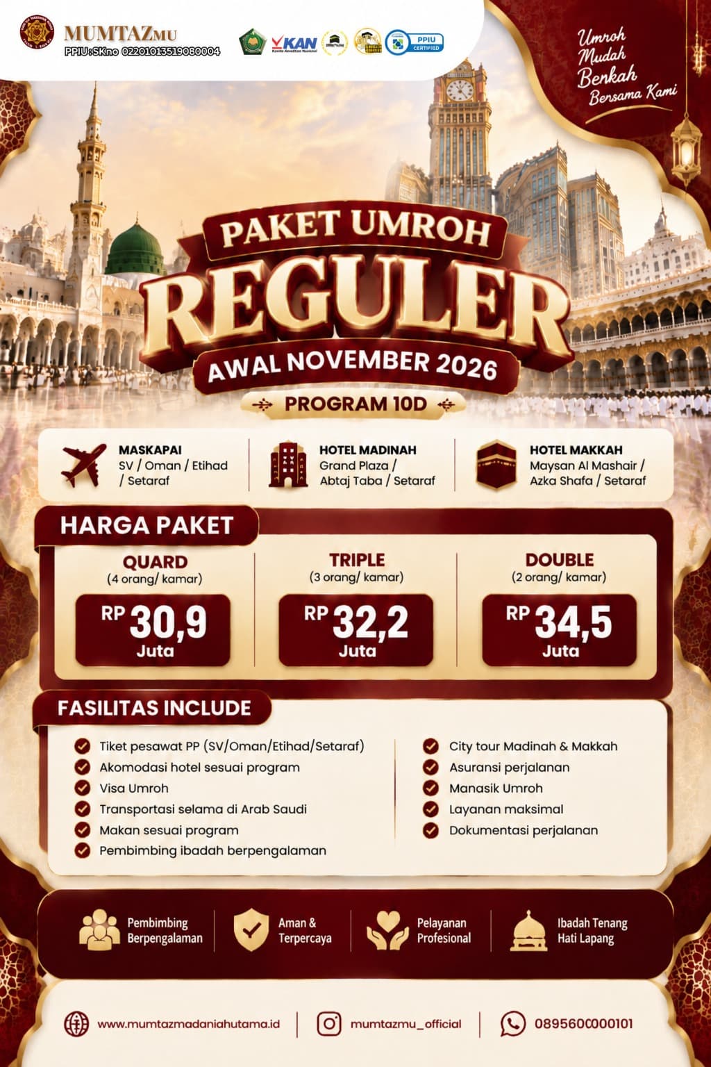 Paket Umroh Reguler 10 Hari - Awal November 2026