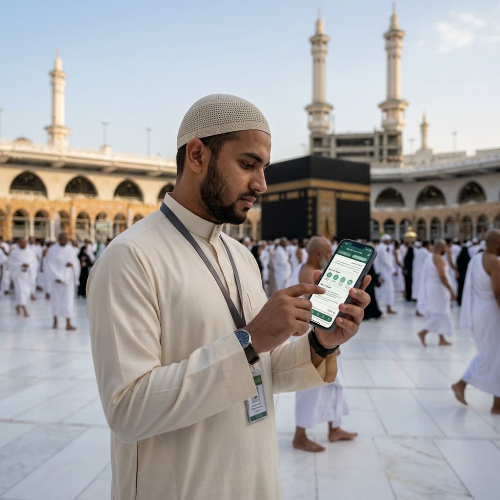 Jamaah menggunakan smartphone untuk navigasi dan membaca doa di Masjidil Haram, Makkah.