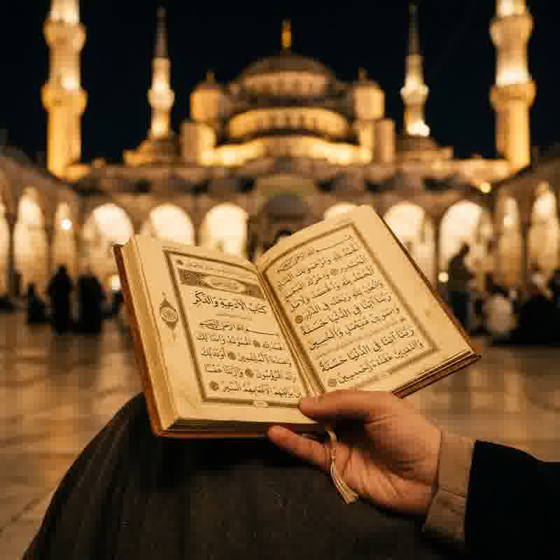 Al-Quran dan suasana masjid sebagai ilustrasi panduan hukum dam umroh dan haji