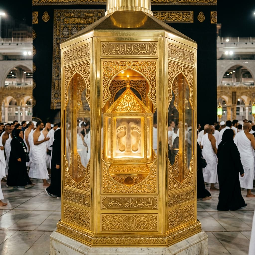 Ilustrasi manasik di dekat miniatur Ka'bah untuk memahami Maqam Ibrahim