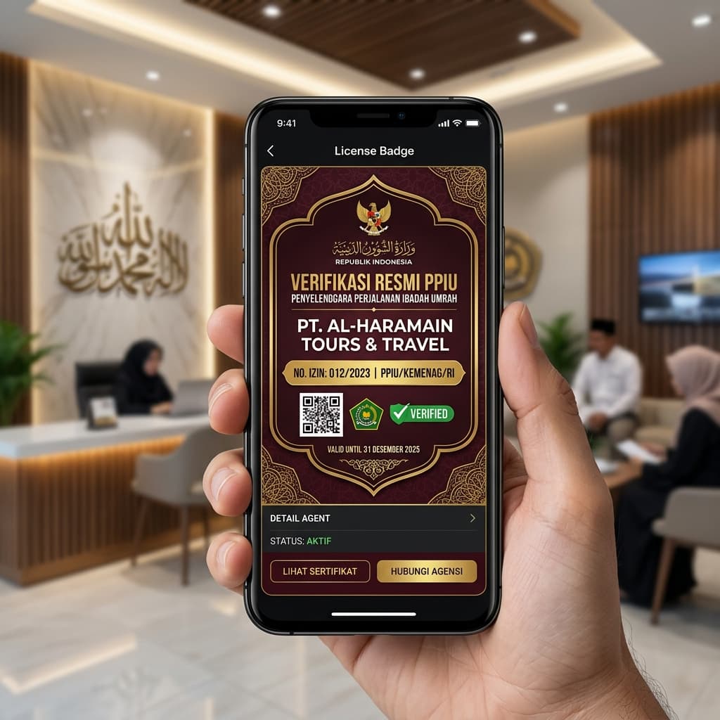 Ilustrasi verifikasi izin PPIU travel umrah melalui aplikasi smartphone