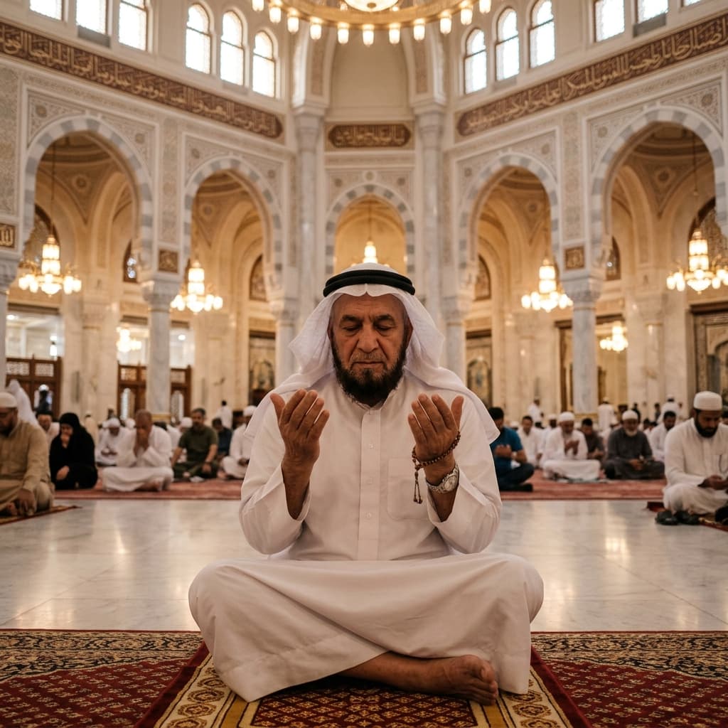 Seorang jamaah sedang berdoa dengan khusyuk di dekat Ka'bah, menggambarkan persiapan spiritual