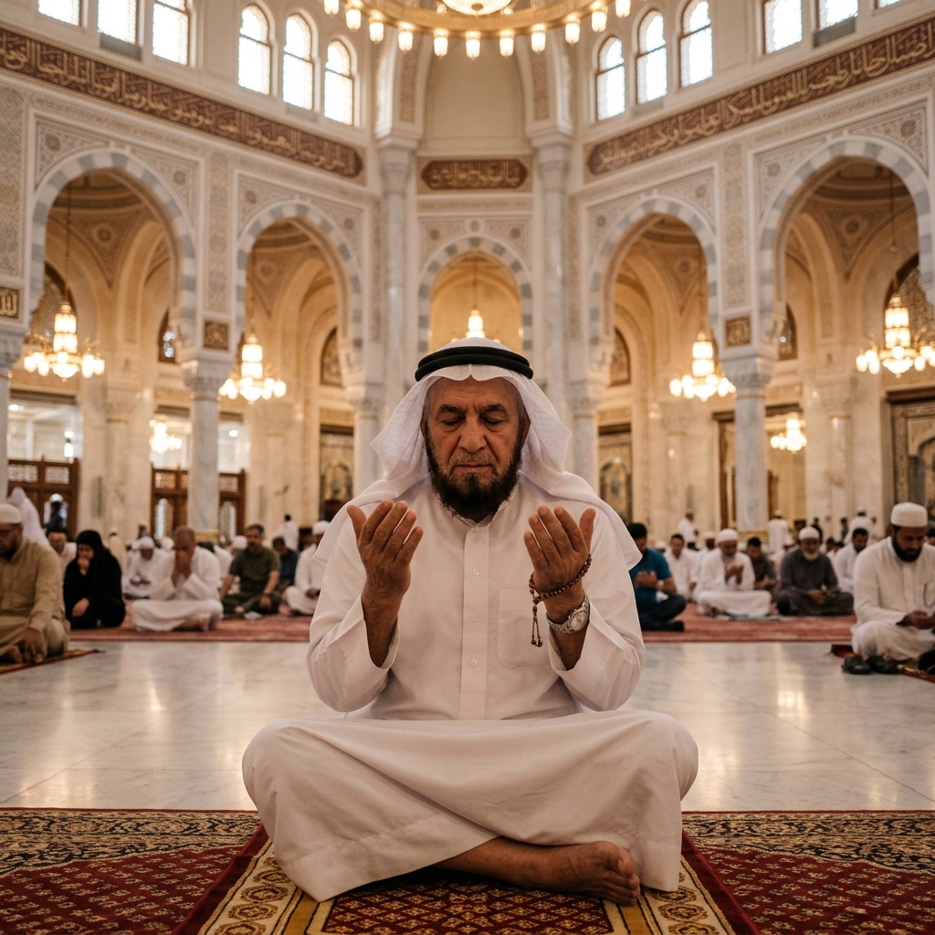 Seorang jamaah sedang berdoa dengan khusyuk di dekat Ka\'bah, menggambarkan persiapan spiritual